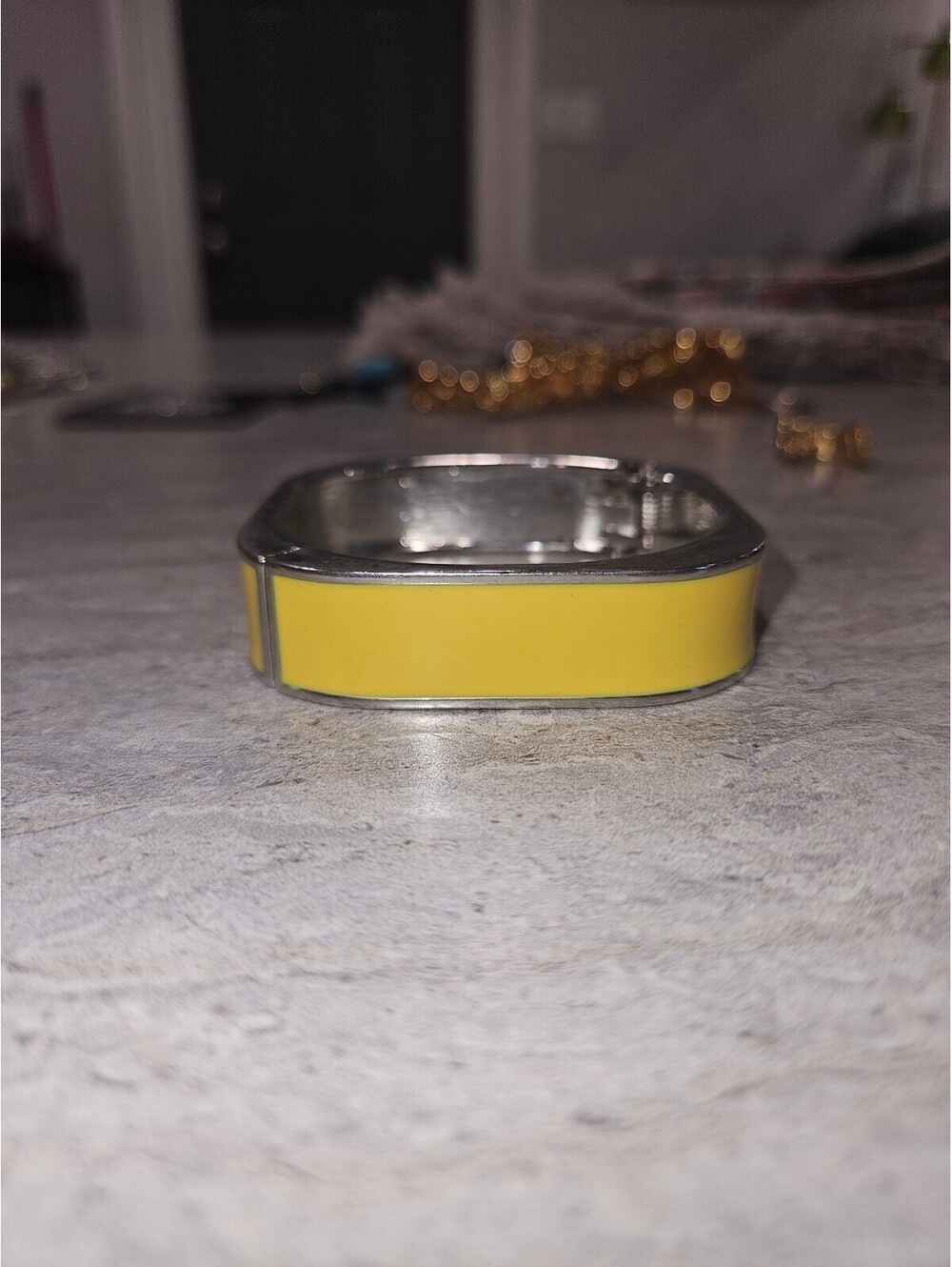 Square Silver Tone Yellow Enamel Bangle Bracelet